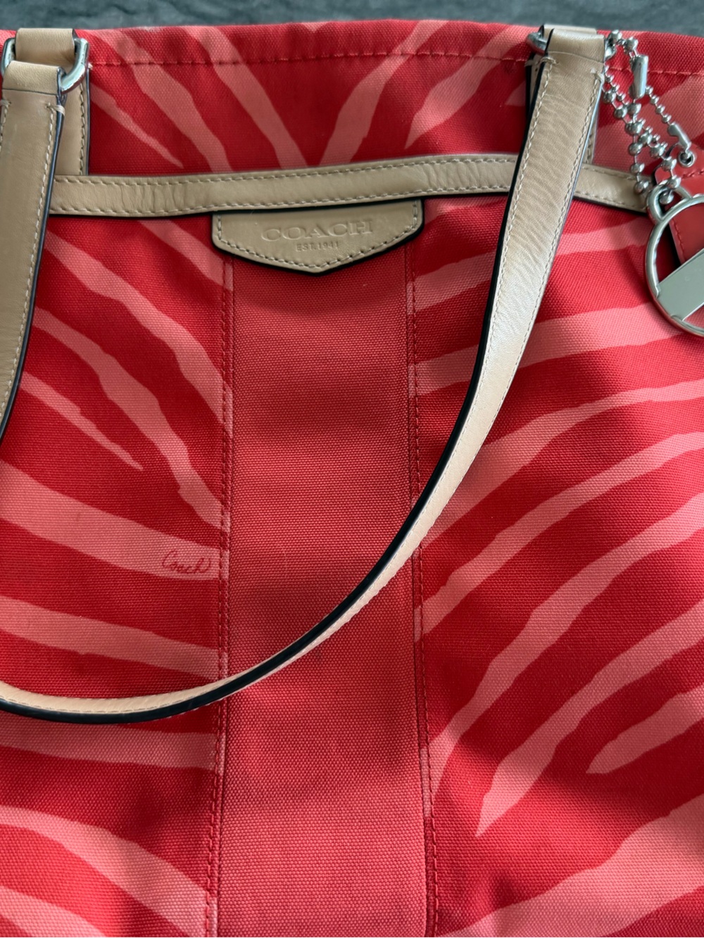 Coach Taylor Coral Zebra-Print Tote with Silver Charms